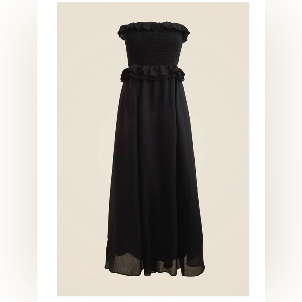 J.CREW Ravenna Dress in Ramie S Black Ruffle Strapless Smocked Beach Casual